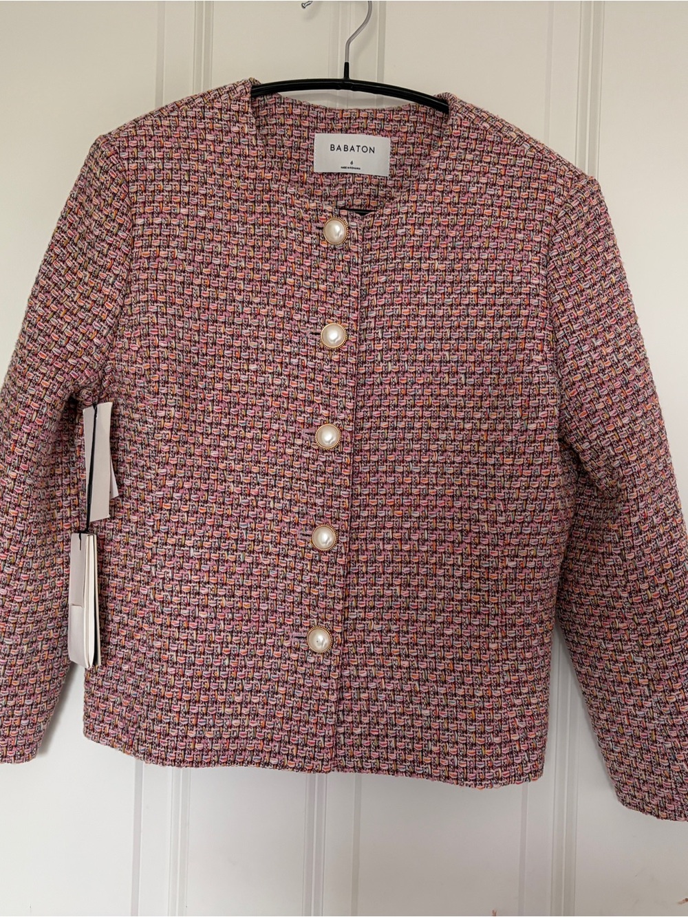 Babaton Pink Multi-Tone Tweed Jacket with Pearl Buttons